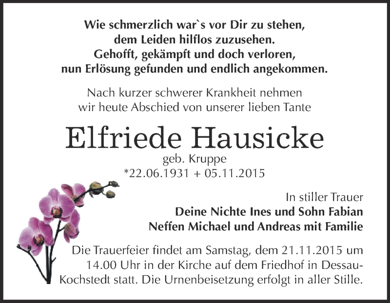  Traueranzeige für Elfriede Hausicke vom 14.11.2015 aus WVG - Wochenspiegel Dessau / Köthen
