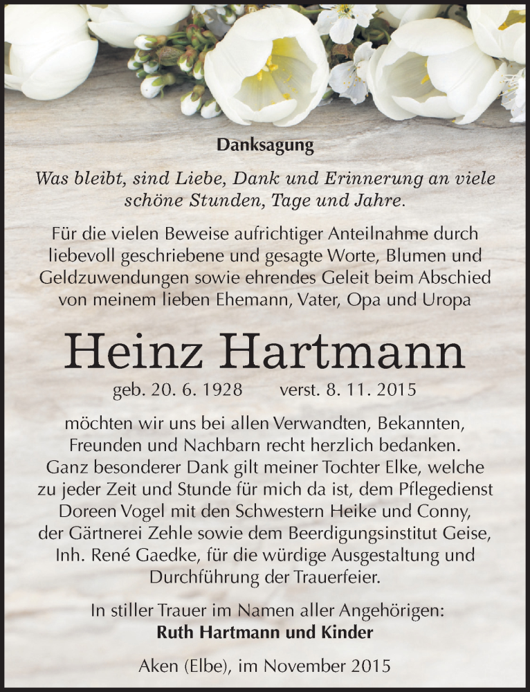 Traueranzeige für Heinz Hartmann vom 26.11.2015 aus Mitteldeutsche Zeitung Köthen