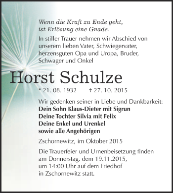 Traueranzeige von Horst Schulze von WVG - Wochenspiegel Wittenberg