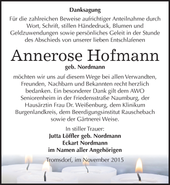 Traueranzeige von Annerose Hofmann von Mitteldeutsche Zeitung Naumburg/Nebra