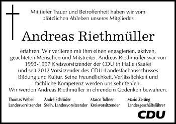 Traueranzeige von Andreas Riethmüller von Mitteldeutsche Zeitung Halle/Saalkreis
