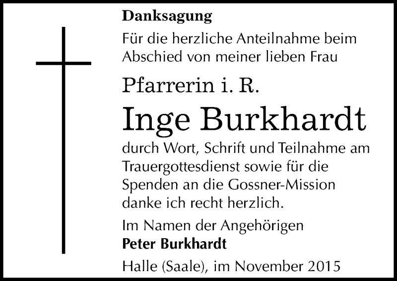  Traueranzeige für Inge Burkhardt vom 28.11.2015 aus Mitteldeutsche Zeitung Halle/Saalkreis