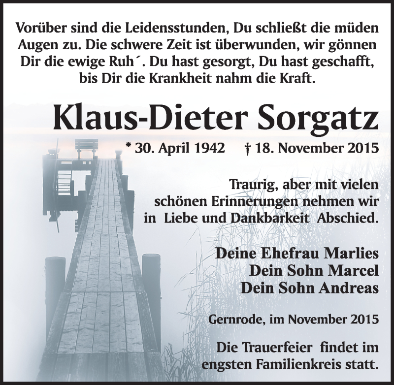  Traueranzeige für Klaus-Dieter Sorgatz vom 28.11.2015 aus Mitteldeutsche Zeitung Quedlinburg