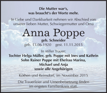 Traueranzeige von Anna Poppe von Mitteldeutsche Zeitung Köthen