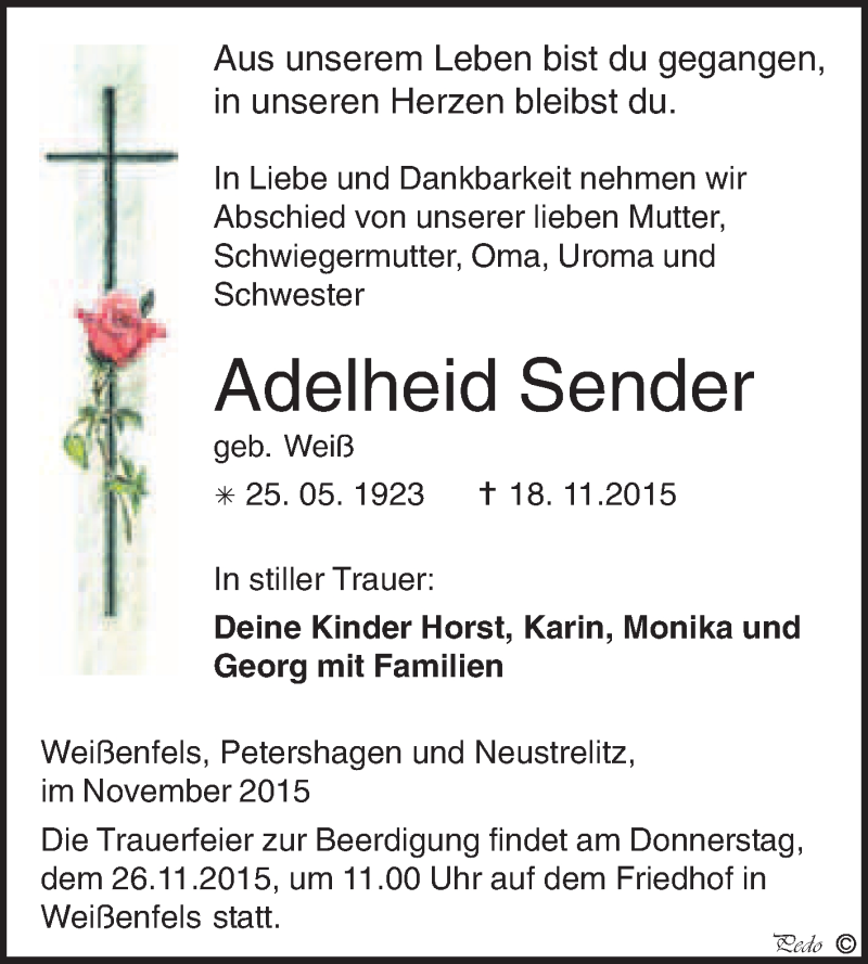  Traueranzeige für Adelheid Sender vom 25.11.2015 aus WVG - Wochenspiegel NMB / WSF / ZTZ