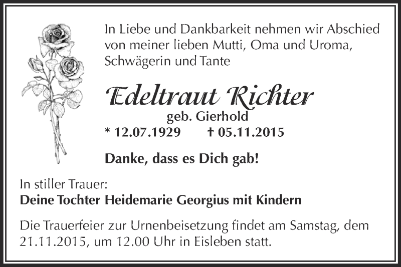  Traueranzeige für Edeltraut Richter vom 18.11.2015 aus Wochenspiegel Mansfelder Land