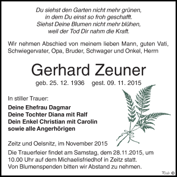 Traueranzeige von Gerhard Zeuner von Super Sonntag Zeitz