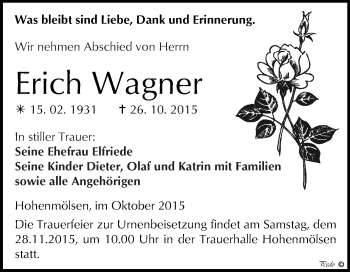 Traueranzeige von Erich Wagner von WVG - Wochenspiegel NMB / WSF / ZTZ