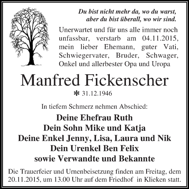  Traueranzeige für Manfred Fickenscher vom 14.11.2015 aus WVG - Wochenspiegel Dessau / Köthen