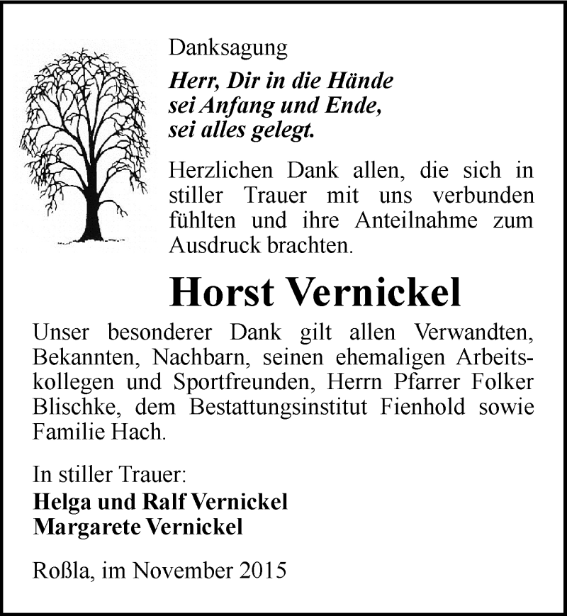  Traueranzeige für Horst Vernickel vom 21.11.2015 aus Mitteldeutsche Zeitung Sangerhausen