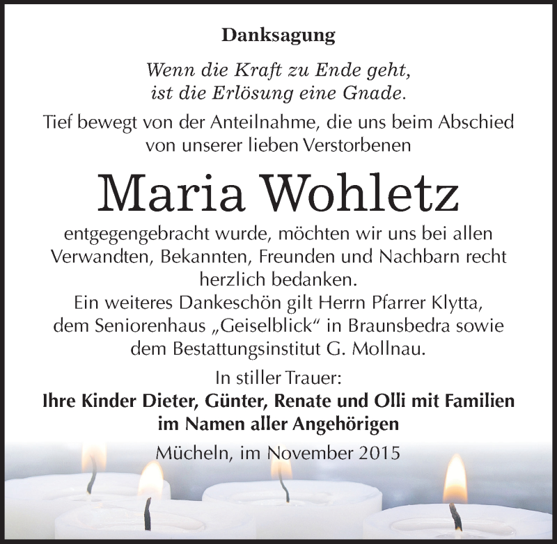  Traueranzeige für Maria Wohletz vom 28.11.2015 aus Mitteldeutsche Zeitung Merseburg/Querfurt