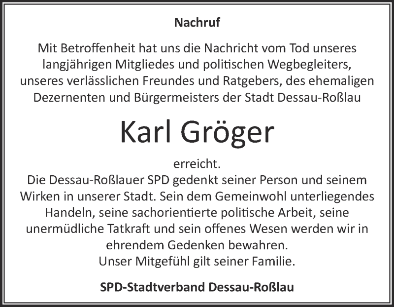  Traueranzeige für Karl Gröger vom 07.11.2015 aus Super Sonntag Dessau / Köthen