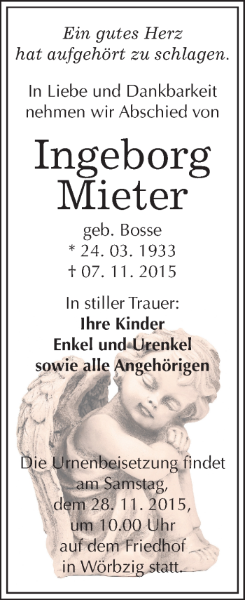 Traueranzeige von Ingeborg Mieter von Mitteldeutsche Zeitung Köthen