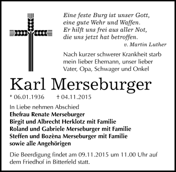 Traueranzeige von Karl Merseburger von Mitteldeutsche Zeitung Bitterfeld