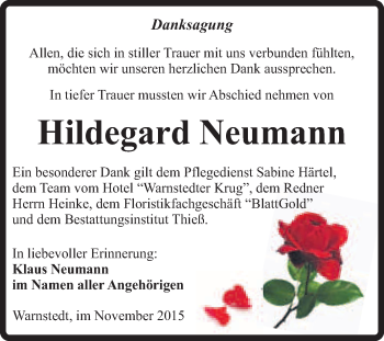 Traueranzeige von Hildegrad Neumann von Super Sonntag Quedlinburg