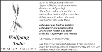 Traueranzeige von Wolfgang Todte von WVG - Wochenspiegel NMB / WSF / ZTZ