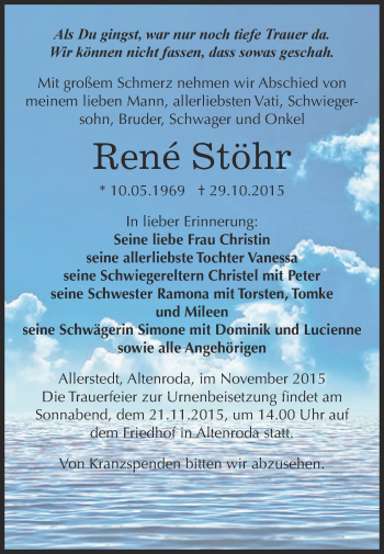 Traueranzeige von René Stöhr von WVG - Wochenspiegel NMB / WSF / ZTZ