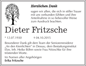 Traueranzeige von Dieter Fritzsche von WVG - Wochenspiegel Wittenberg