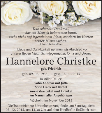 Traueranzeige von Hannelore Christke von WVG - Wochenspiegel Merseburg