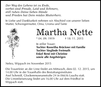 Traueranzeige von Martha Nette von Mitteldeutsche Zeitung Naumburg/Nebra