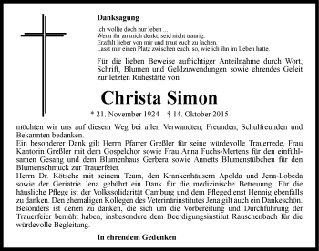 Traueranzeige von Christa Simon von Mitteldeutsche Zeitung Naumburg/Nebra