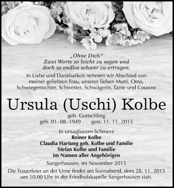 Traueranzeige von Ursula Kolbe von Mitteldeutsche Zeitung Sangerhausen