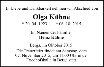 Traueranzeige von Olga Kühne von Mitteldeutsche Zeitung Sangerhausen