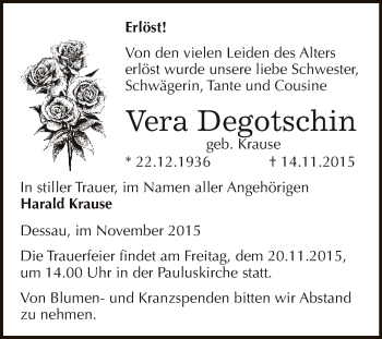 Traueranzeige von Vera Degotschin von WVG - Wochenspiegel Dessau / Köthen