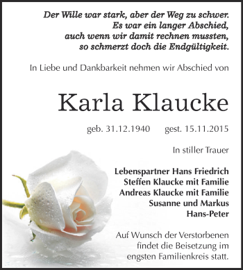 Traueranzeige von Karla Klaucke von WVG - Wochenspiegel Dessau / Köthen