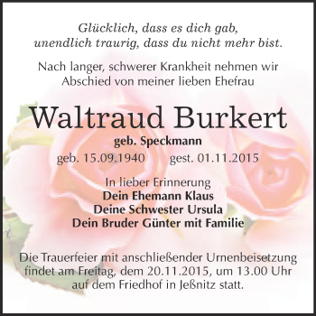 Traueranzeige von Waltraud Burkert von WVG - Wochenspiegel Bitterfeld