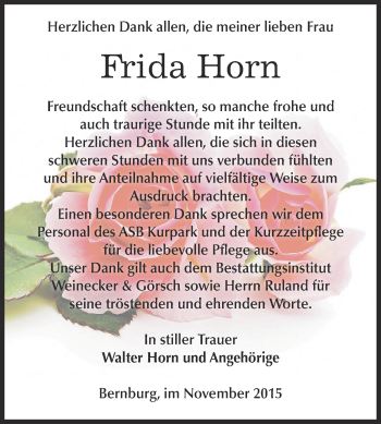 Traueranzeige von Frida Horn von Super Sonntag Bernburg