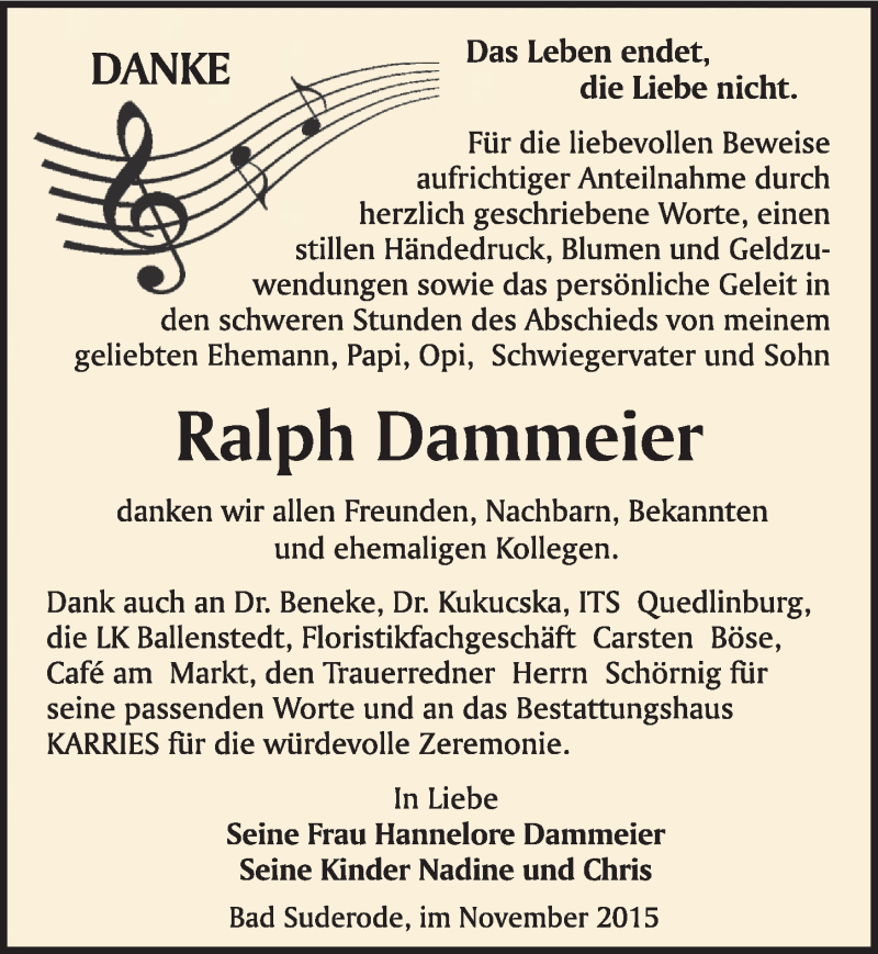  Traueranzeige für Ralph Dammeier vom 21.11.2015 aus Mitteldeutsche Zeitung Quedlinburg