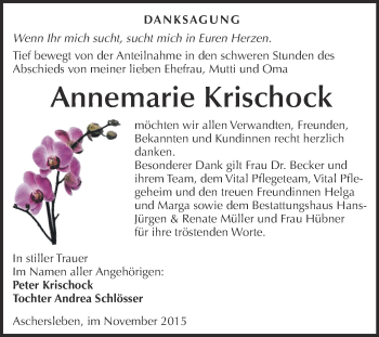 Traueranzeige von Annemarie Krischock von Super Sonntag Aschersleben