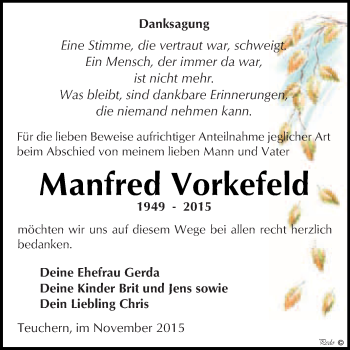 Traueranzeige von Manfred Vorkefeld von WVG - Wochenspiegel NMB / WSF / ZTZ