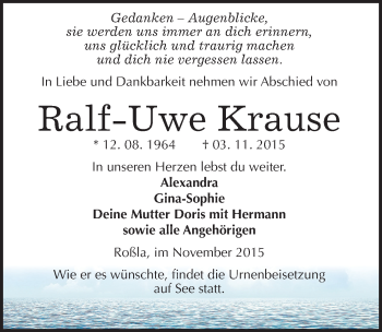 Traueranzeige von Ralf-Uwe Krause von Mitteldeutsche Zeitung Sangerhausen
