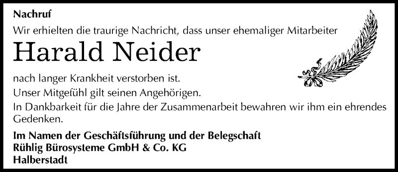  Traueranzeige für Harald Neider vom 21.11.2015 aus Mitteldeutsche Zeitung Quedlinburg