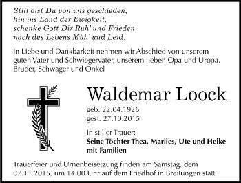Traueranzeige von Waldemar Loock von Mitteldeutsche Zeitung Sangerhausen