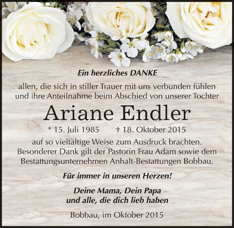  Traueranzeige für Ariane Endler vom 07.11.2015 aus Mitteldeutsche Zeitung Bitterfeld