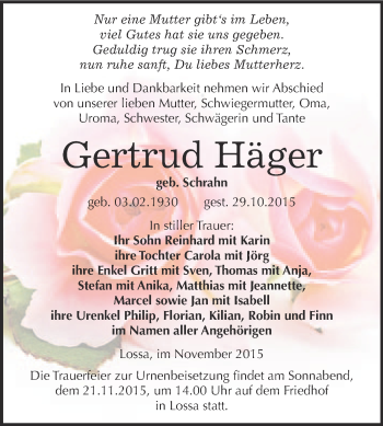 Traueranzeige von Gertrud Häger von WVG - Wochenspiegel NMB / WSF / ZTZ