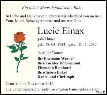 Traueranzeige von Lucie Einax von Super Sonntag Zeitz