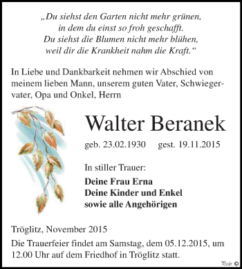 Traueranzeige von Walter Beranek von Super Sonntag Zeitz