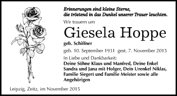 Traueranzeige von Giesela Hoppe von Mitteldeutsche Zeitung Zeitz