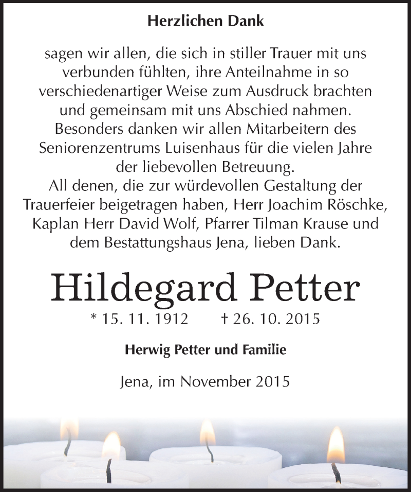  Traueranzeige für Hildegard Petter vom 13.11.2015 aus Mitteldeutsche Zeitung Zeitz