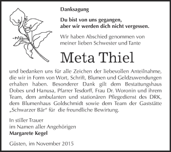 Traueranzeige von Meta Thiel von Super Sonntag Bernburg