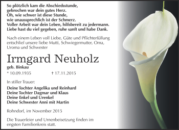 Traueranzeige von Irmgard Neuholz von WVG - Wochenspiegel Dessau / Köthen
