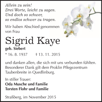 Traueranzeige von Sigrid Kaye von WVG - Wochenspiegel Quedlinburg