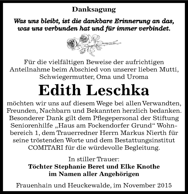  Traueranzeige für Edith Leschka vom 28.11.2015 aus Mitteldeutsche Zeitung Zeitz