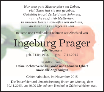 Traueranzeige von Ingeburg Prager von WVG - Wochenspiegel Wittenberg