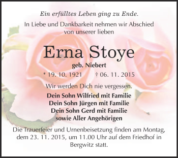 Traueranzeige von Erna Stoye von WVG - Wochenspiegel Wittenberg
