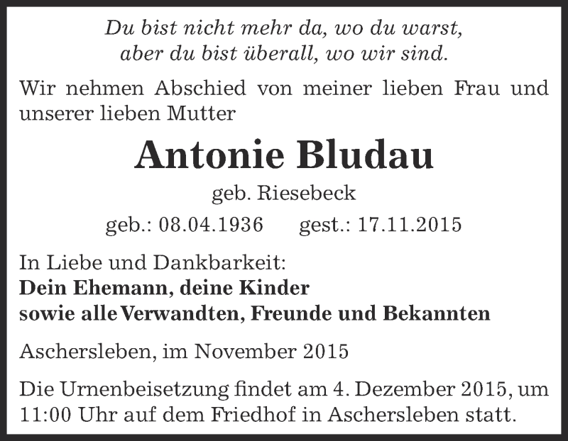  Traueranzeige für Antonie Bludau vom 25.11.2015 aus Super Sonntag Aschersleben
